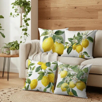 4pcs Countryside Lemon Print Pillow Covers, 100% Polyester, Hand Wash Only, Zipper Closure, Home & Outdoor Holiday Decor Cushion Covers, Single-Sided Print - Pillow Insert Not Included, Lemon Decor