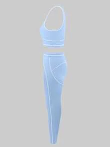 LovelyWholesale Women's Sporty Contrast Trim Cropped Tank Top And Leggings Set, Suitable For Fitness And Workout - Blue - View 7