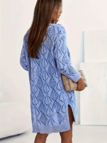 Women's Casual Long Sleeve Solid Color Hollow Out Knit Cardigan - Front Button Design Spring - Blue - View 3