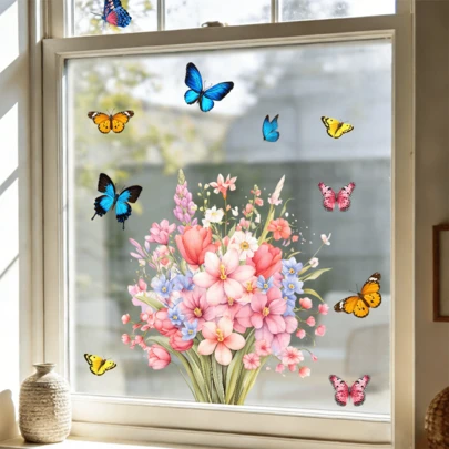 1/4片鲜艳花卉窗贴，可重复使用PVC静电吸附，郁金香和雏菊图案，适用于客厅、厨房、浴室、书房和家居装饰。