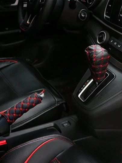 2Pcs PU Leather Gear Shift & Handbrake Cover Set – Red Stitching, Anti-Slip Grip, Enhances Interior Style, Universal Fit For Most Manual Cars,Automotive Interior Accessories