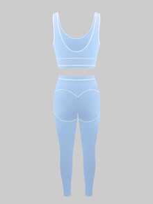 LovelyWholesale Women's Sporty Contrast Trim Cropped Tank Top And Leggings Set, Suitable For Fitness And Workout - Blue - View 8