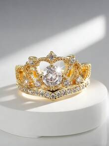 Charm-In 心形皇冠滚边18K镀金CZ戒指，女士公主皇冠镂空立方氧化锆戒指首饰 - 金色 - 查看 1