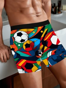 1pc World Cup Football Printed Boxer Briefs, Soft & Comfortable Sports Style, Vibrant Color Block Design, Personalized Underwear For Young Men - Black - View 3