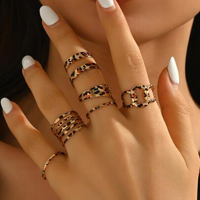 5pcs Vintage Leopard Print & Line Design Open Ring Set, Suitable For Women's Daily Wear