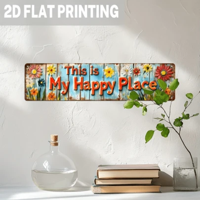 2D 复古农舍金属墙饰 - “这是我的快乐之地”标牌，橙黄粉蓝绿花卉图案 - 乡村风格室内外悬挂装饰，适用于客厅、门廊、卧室 - 无需用电，预钻孔，安装简便 - 耐用金属装饰，室内外皆可使用，复古风格家居装饰，耐候标牌，家居点缀