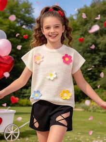 Girls' Casual Floral Decor Round Neck Short Sleeve Top, Suitable For Spring/Summer Outings - White - View 3