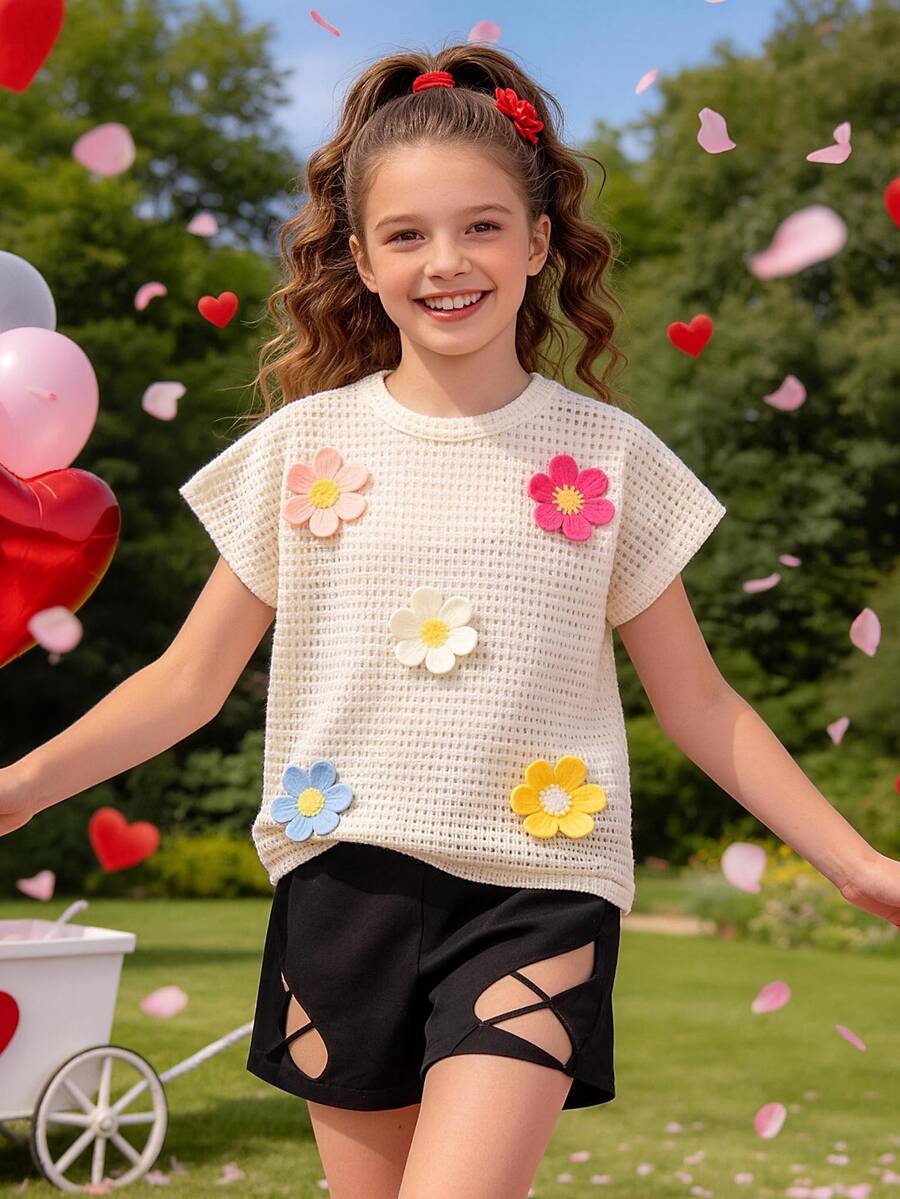 Girls' Casual Floral Decor Round Neck Short Sleeve Top, Suitable For Spring/Summer Outings - White - View 1