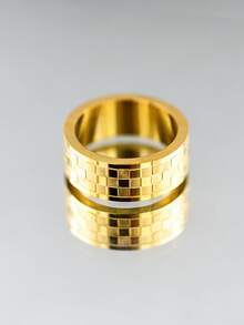 1pc Unique Creative Stainless Steel 18K Gold Plated Chessboard Pattern Ring, Casual Daily Accessory For Men - Gold - View 1