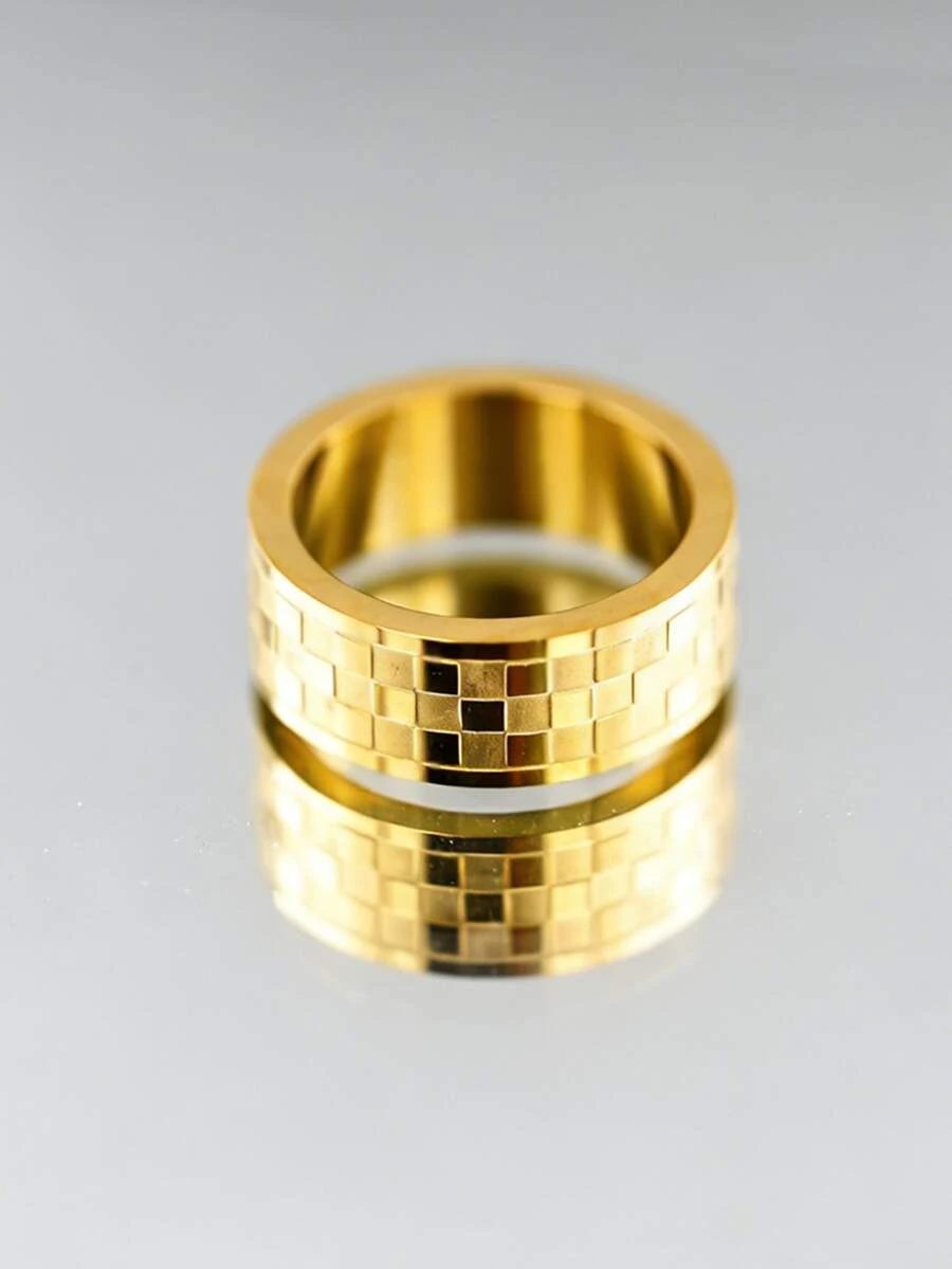 1pc Unique Creative Stainless Steel 18K Gold Plated Chessboard Pattern Ring, Casual Daily Accessory For Men - Gold - View 1