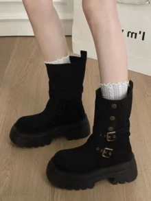 Damen Britischer Stil Leder Schnallen Motorradstiefel, Dicke Sohle Retro Wadenlange Stiefel erhöhen die Größe, schlanke Stiefel, Veloursleder Doppel-Trage Stiefel, geeignet für Pendler Outfits - Schwarz - Übersicht 8