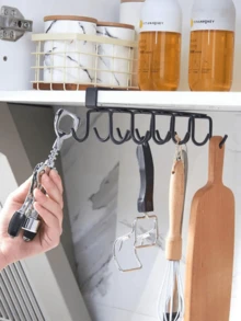 1pc Wall Mounted Cup Holder Organizer Rack, No Drilling Required, Suitable For Kitchen, 6 Hooks Iron Art Cabinet Storage Hanger - Multicolor - View 14