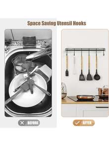 2pcs Kitchen Utensil Hooks, Kitchen Adhesive Wall Hooks Rack Rail, Storage Tool Holder Wall Mounted For Kitchen Hanging Spatulas, Measuring Spoons, No Drilling Required, Space Saving, Hanger With 6 Hooks For Bathroom, Bedroom, Closet, For Kitchen Food Studio Camper - Multicolor - View 9