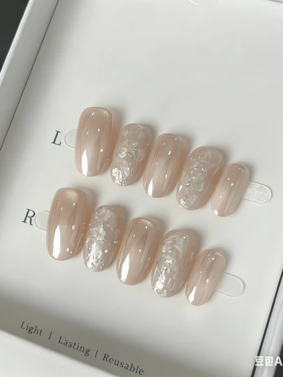 Nails That Love You Back.10pcs Middle Oval Fake Nails With Nude Apricot Translucent Mirror Base, Silver White Shell Fragment & Fine Glitter Accents Design Minimalist Elegant Style 100% Handmade Press On Acrylic Nails Reusable Nail Supplies Including 1pc Jelly Glue, 1pc Stick And 1pc Nail File For Women's Daily Or Party Wear