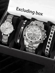 4pcs/Set Elegant Unisex Steel Band Quartz Watches, Couples Watch Set - one-size - View 11