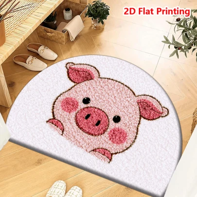 1 件可爱小猪半圆形地垫|多场景适用，适用于玄关/厨房/卧室/洗衣房|加厚短绒亲肤材质，防滑、吸水、易清洁，米白色底色搭配可爱粉色小猪头图案，毛绒质感，萌趣十足，瞬间营造温馨舒适的家居氛围