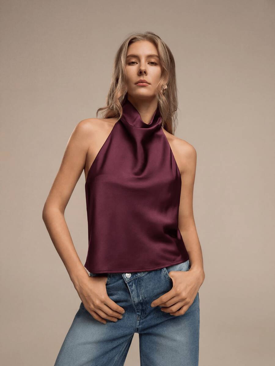 Vestido de fiesta sexy con espalda descubierta de unicolor para mujer, top hombros descubiertos - Burdeos - Ver 1