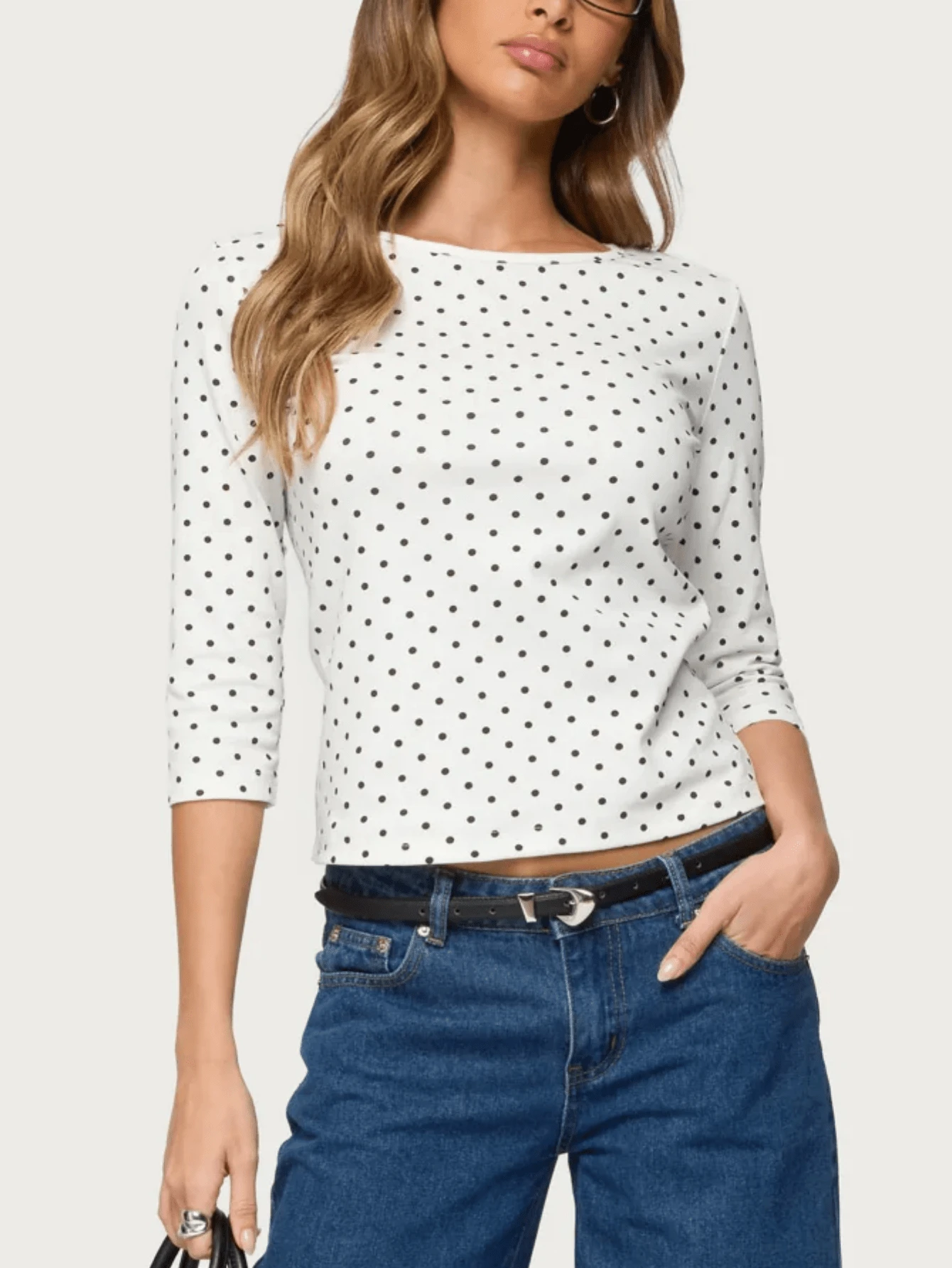 Women's Y2k Polka Dot 3/4 Sleeve Shirt Top Round Neck Slim Fit T Shirts Crop Tops Fall Spring Basic Going Out Tops Tee Party Club Daily Streetwear - Trắng - Xem 1