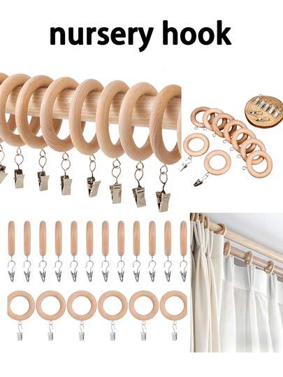 48 piezas/24 piezas/1 pieza Ganchos de anillo redondo de madera para habitación de bebé, pueden almacenar accesorios para el cabello del bebé, baberos, toallas, regalos para bebés recién nacidos, accesorios de varilla de cortina en forma de S multifuncionales de anillo redondo, varilla de cortina de madera vintage con pinzas para cortinas