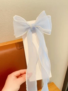 1个仿珍珠装饰蝴蝶结发夹，优雅女士发饰，发卡，发爪夹，适合学生、婚礼、夏季派对、海滩 - 蓝色 - 淺藍色 - 查看 3