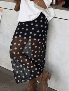 波點滿版印花休閒優雅度假風春夏女款長版A字波點裙，聚酯纖維面料黑色度假款 - 黑色 - 查看 5