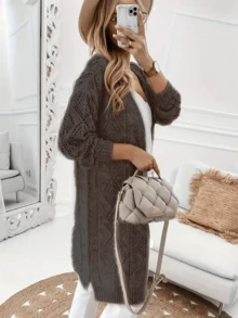 Women's Casual Long Sleeve Solid Color Hollow Out Knit Cardigan - Front Button Design Spring - Brown - View 2