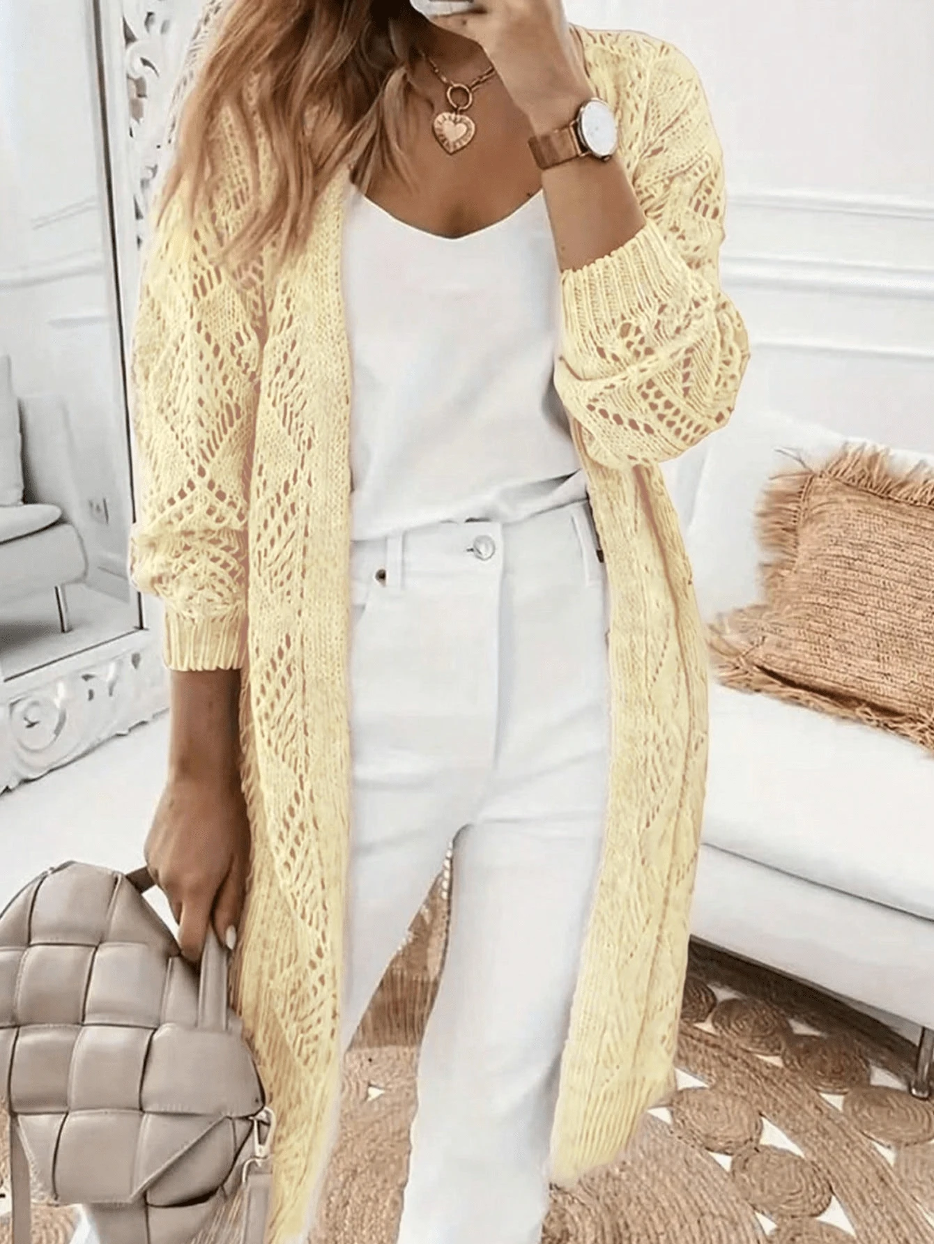 Women's Casual Long Sleeve Solid Color Hollow Out Knit Cardigan - Front Button Design Spring - Yellow - View 1