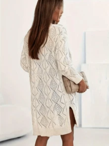 Women's Casual Long Sleeve Solid Color Hollow Out Knit Cardigan - Front Button Design Spring - Beige - View 3