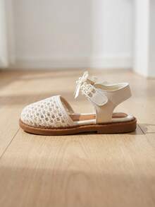 1 Pair Toddler Girls' White Mesh Upper With Pearl & Bow Decor Decorated PU Leather Non-Slip Comfortable Lightweight Breathable Closed Toe Slingback Flat Sweet Elegant Princess Fashion Shoes Perfect For Daily School Wedding Party Outdoor Outings - 米色 - 查看 4