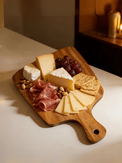 木製まな板、多機能まな板、ハンドル付き木製まな板。肉、魚、チーズ、パン、デザート、果物、野菜の切断に適しています。持ちやすいキッチントレー。室内/屋外の集まりに適しています。新年のテーブルや祝祭の食事に適しています。