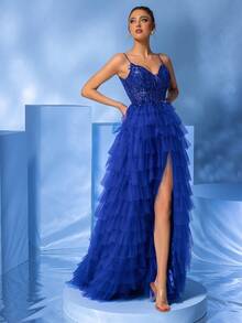 Glamorous Sexy Spaghetti Strap Deep V-Neck Royal Blue Sequin Patchwork Layered Sheer Dress High Slit Maxi Party Evening Gown Wedding Spring - Royal Blue - View 4