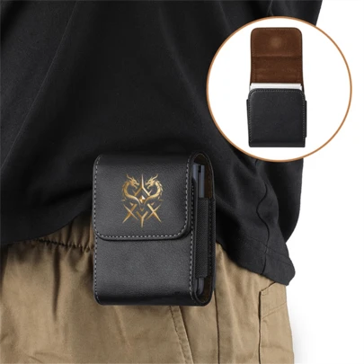 男士可折叠手机收纳腰包，饰有金色双龙标志设计，金属质感，未来主义风格，2D平面印刷，适用于多种型号的折叠手机，例如三星Galaxy，是父亲节礼物/生日惊喜的理想之选。