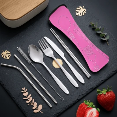 8Pcs Portable Stainless Steel Cutlery Set, Includes Fork, Spoon, Chopsticks, Straws & Cleaning Brush With Zipper Storage Bag, Reusable Utensils For Picnic, Camping & School, Color Options Available