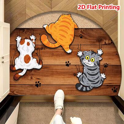 1 Pc Classic Piano Key Semi-Circular Floor Mat | Minimalist, Artistic, Musical, And Quirky Cat Semi-Circular Floor Mat Suitable For Various Settings | Thickened Short-Pile Skin-Friendly Material, Non-Slip, Absorbent, And Easy To Clean. The Wood Grain Base Is Paired With Three Adorable Cats And Paw Print Patterns. The Lively Eyes And Scratch Details Are Full Of Fun, Creating A Charming Contrast And Instantly Creating A Lively And Joyful Home Atmosphere Perfect For Cat Lovers.