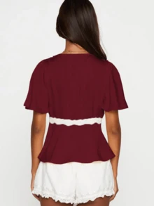 Baby Doll Top For Women Flowy Ruffle Short Sleeve Lace Trim V Neck Silk Satin Pelpum Top Shirt High Waist Elegant Dressy Slip Blouse Top Aesthetic Clothes - Màu Đỏ Sâu - Xem 2
