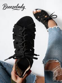 Breezelady Women's Fashion Multi-Design Sandals With Zipper, Drawstring, Hollow-Out, Round Toe, Open Toe, Flat, Strap, Outdoor, Comfortable, Plus Size, Breathable Casual Sandals For Summer And Spring - 黑色 - 查看 1