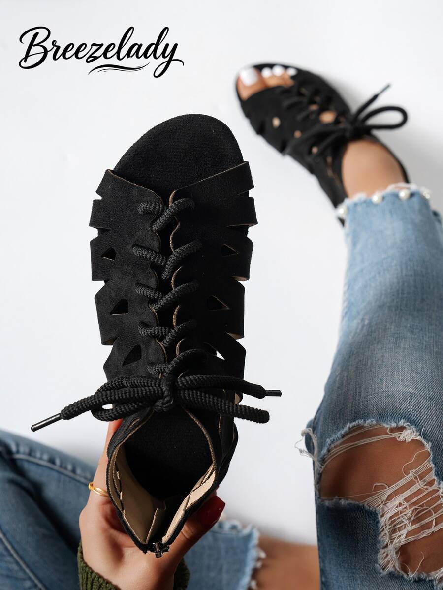 Breezelady Women's Fashion Multi-Design Sandals With Zipper, Drawstring, Hollow-Out, Round Toe, Open Toe, Flat, Strap, Outdoor, Comfortable, Plus Size, Breathable Casual Sandals For Summer And Spring - 黑色 - 查看 1