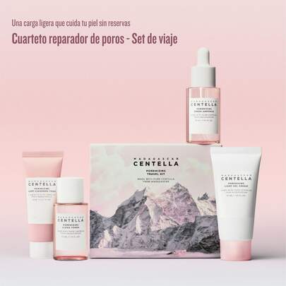 SKIN1004 Set de viaje para el cuidado de los poros con polvo de centella asiática, (limpiador facial 20 ml, tónico 30 ml, sérum en ampollas 30 ml, crema gel 30 ml)