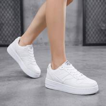 Tenis de hombre casuales y calzado deportivo de moda urbana, zapatos para hombre fabricados en material PU con suela de goma EVA, tenis para hombre en oferta con diseño de punta perforada transpirable, zapatos cómodos de hombre con cordones ajustables, tenis deportivos ligeros y resistentes al desgaste, estilo clásico versátil y moderno, calzado con suela antideslizante y amortiguación cómoda para caminar diariamente. - Blanco - Ver 5