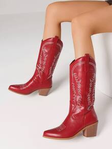 Women's Western Mid Calf  Boots Pointed Toe Chunky Heels Embroidered  Low Heel Retro Style Fall Winter Outfit Rodeo Fashion 2026 New Great For Holiday And Party - Red - View 7