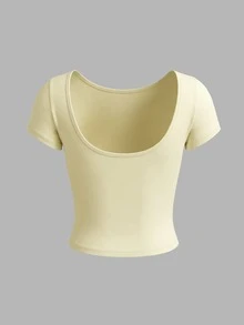 Women's Summer Casual Lightweight Cropped Hollow-Out Backless T-Shirt, Suitable For Street Style, Gym, Ballet Practice, Soft Yellow - Light Yellow - View 5