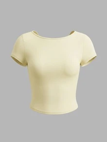 Women's Summer Casual Lightweight Cropped Hollow-Out Backless T-Shirt, Suitable For Street Style, Gym, Ballet Practice, Soft Yellow - Light Yellow - View 4