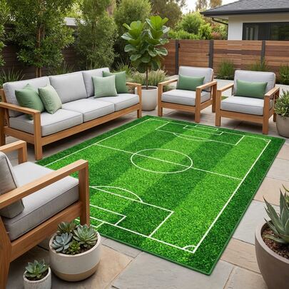 1 Piece Football Field Themed Area Rug – Vibrant Green Striped Turf With White Pitch Lines, Heavyweight 1000g/M² Faux Cashmere Feel Soft Pile Floor Covering For Kids Room, Game Room, World Cup Party Decor, All Seasons & Housewarming Gift