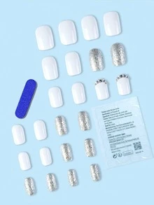 24片短方形华丽白色假指甲，Y2K白色时尚银色闪粉图案，简约美甲风格，人造指甲，美甲假指甲，适合女性，甜美、可爱、简约、优雅风格的美甲套装，配有可拆卸假指甲贴片，适合节日、派对、朋友聚会、约会、日常佩戴，赠送24片果冻贴片和1个迷你指甲锉。 - 彩色 - 查看 2