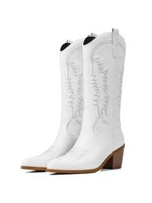 Botas vaqueras bordadas para mujer, de media caña, con tacón de bloque y punta puntiaguda, estilo retro, para otoño, moda rodeo 2025 - Blanco - Ver 3