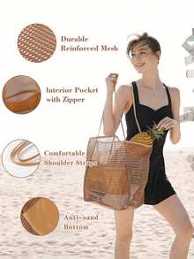 1pc Multi-Functional Mesh Shoulder Bag, Foldable Waterproof Lightweight Tote Bag Suitable For Picnic, Beach, Shopping, Travel And Car Storage - View 4