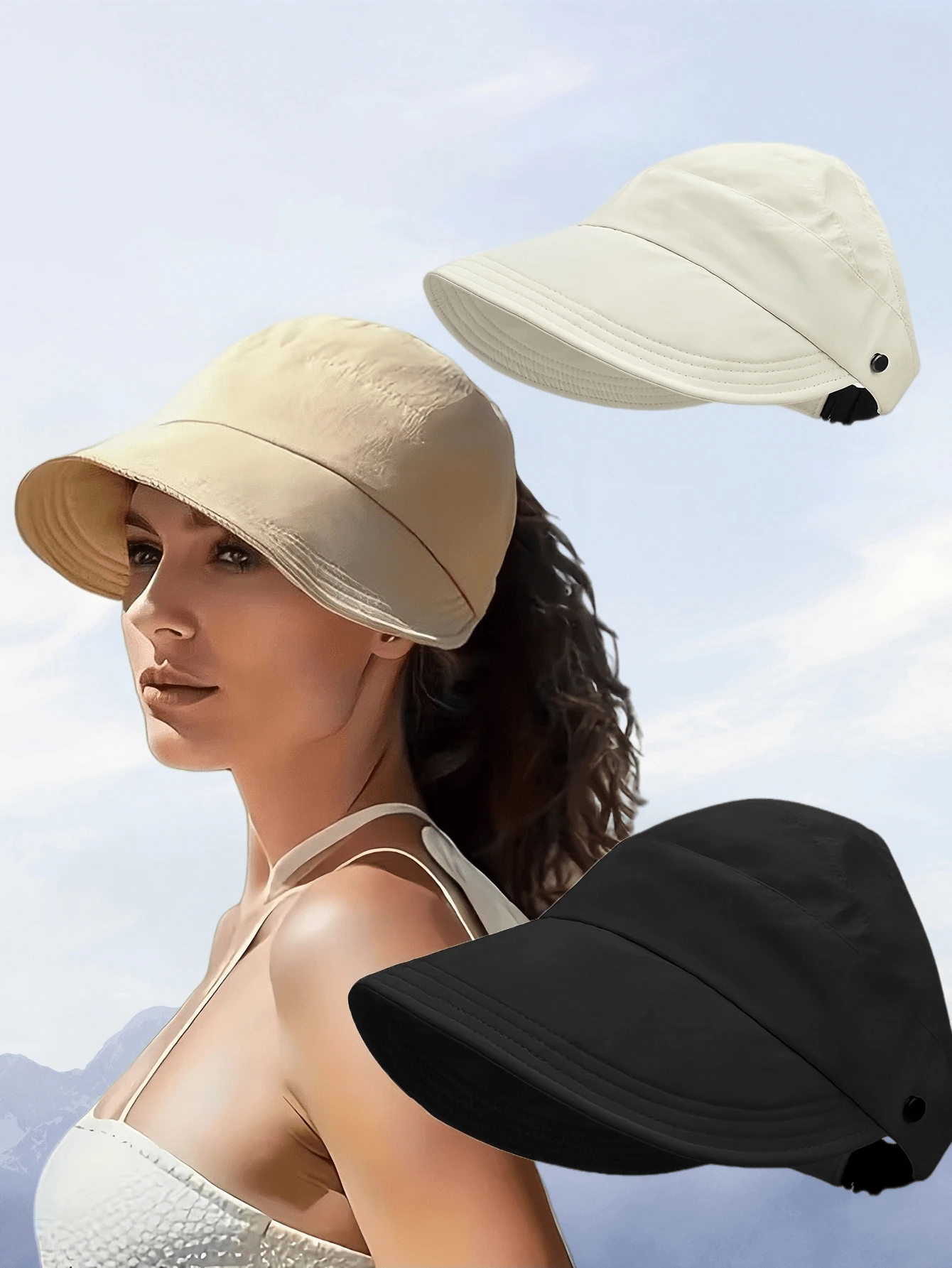 1pc Women's Breathable Wide Brim Sun Hat, Open Top Design | Suitable For Ponytail Hairstyle, Summer Sun Protection Hat, Foldable & Packable - Multicolor - View 1