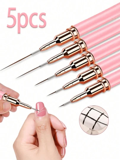 Set de 5 piezas de pinceles profesionales para arte de uñas - Pinceles de uñas ultra finos y precisos de 7/9/11/15/25mm de longitud (rosa), aptos para uso DIY y en salón de uñas. Suministros de arte de uñas, pinceles de uñas, set de pinceles de arte de uñas, pincel de línea de uñas, suministros de artista de uñas, tapete de pinceles de uñas, pincel de manicura francesa.