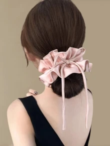 1pc Gentle Double-Layer Pleated Bow Ribbon Large Intestine Hair Tie Women's High-End New Style Headband - Pink - View 1