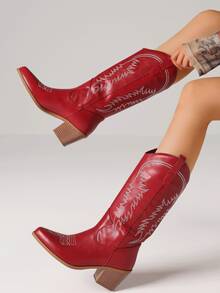 Women's Western Mid Calf  Boots Pointed Toe Chunky Heels Embroidered  Low Heel Retro Style Fall Winter Outfit Rodeo Fashion 2026 New Great For Holiday And Party - Red - View 8